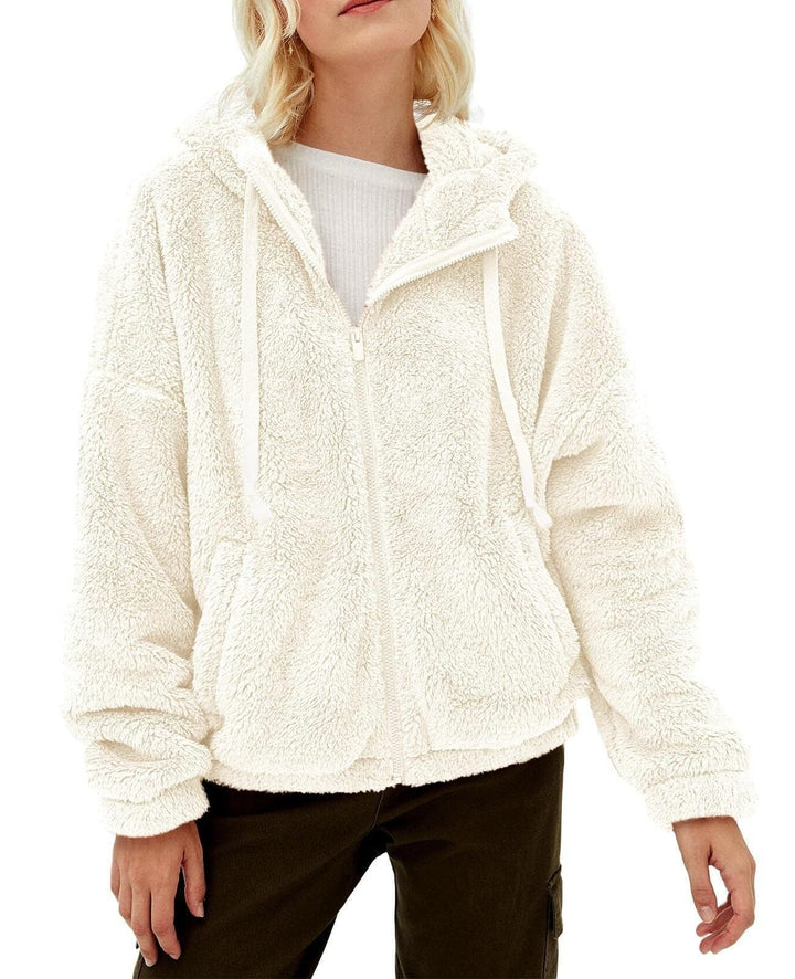 Damen Flauschige Kapuzenjacke mit praktischen Taschen und Reisverschluss W&W Mode
