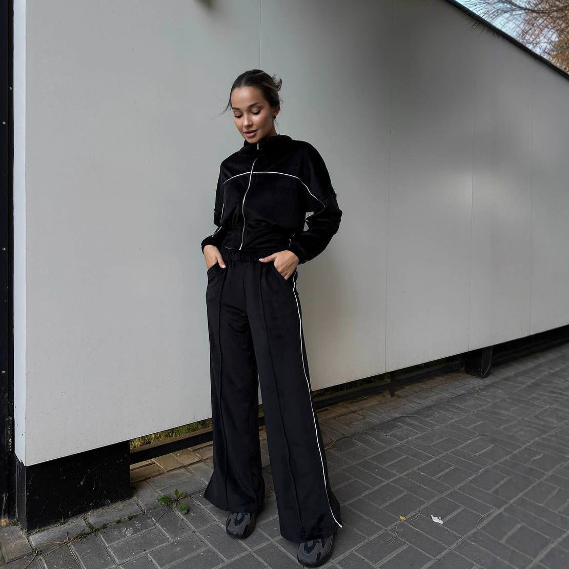 Damen Sportlicher Cropped Fleece-Trainingsanzug WW