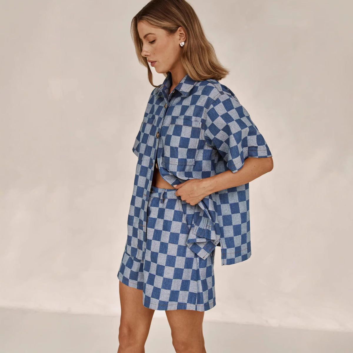 Damen Karierter Hemden-Set aus Denim WW