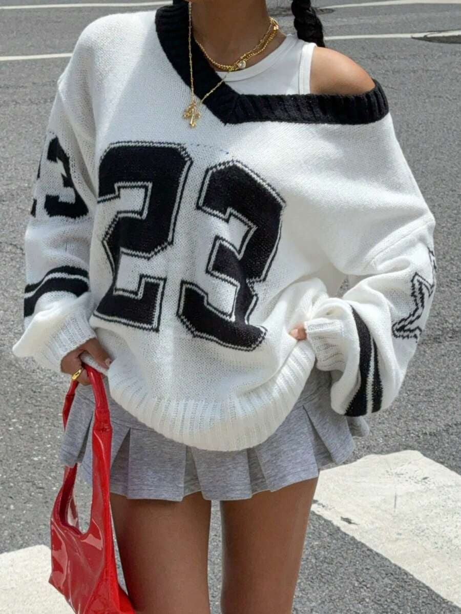 Damen Sportlicher V-Ausschnitt Pullover im lässigen College-Stil WW