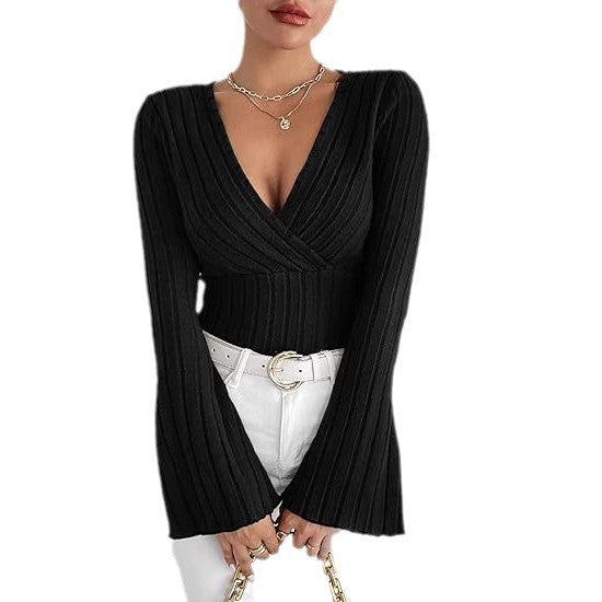 Damen Strickoberteil mit Wickeldesign und weitem Ärmel WW