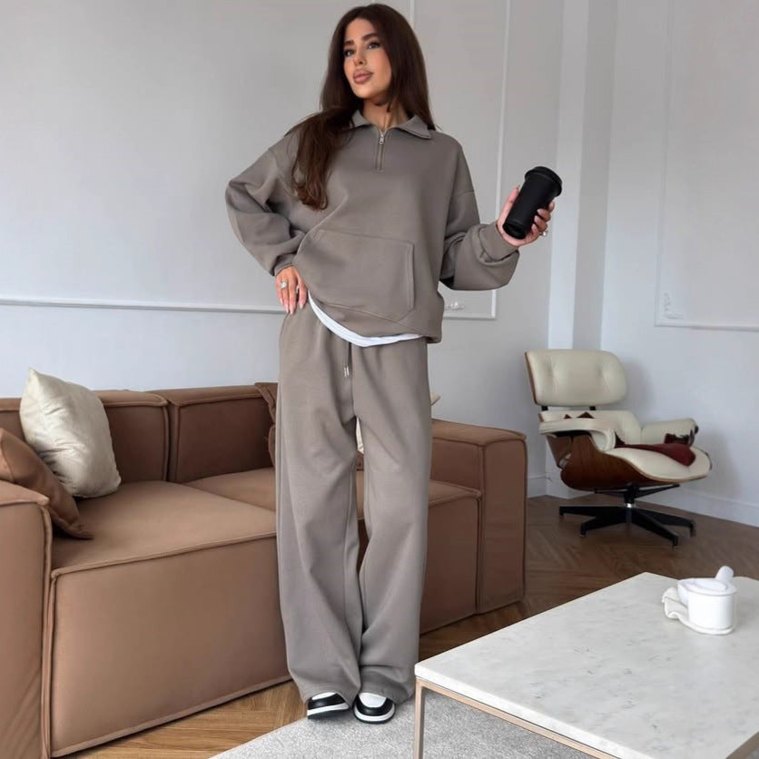Damen bequemer und stylischer Fleece-Pullover mit halbem Reißverschluss und weiten Hosen WW