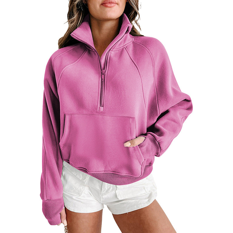 Damen lässiger Pullover mit halbem Reißverschluss und praktischen Taschen WW