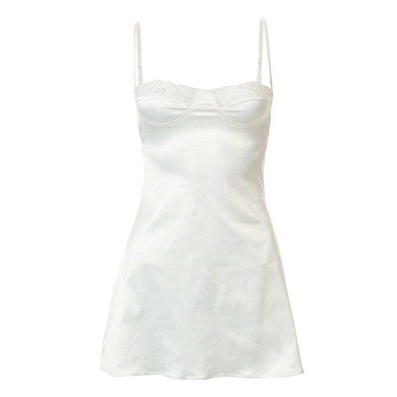 Damen Satin Nachthemd mit Spitzenverzierungen WW