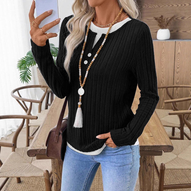 Damen Rippstrick Langarmshirt mit Knopfleiste WW