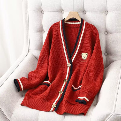 Damen Strickjacke mit Bärenmotiv und Kontraststreifen WW