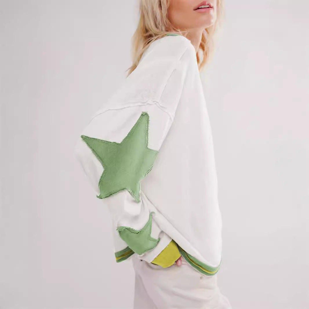 Damen Lässiger Sweatshirt mit gestreiftem Design und Sternenapplikationen WW