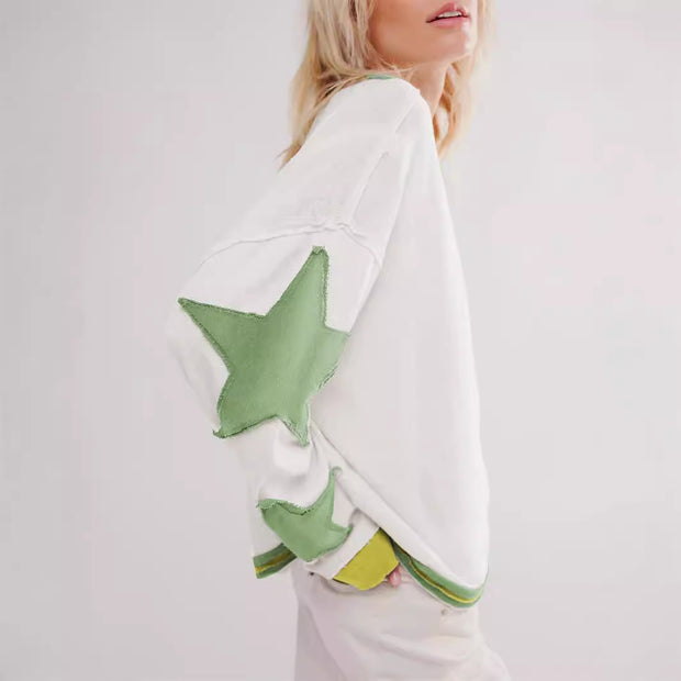 Damen Lässiger Sweatshirt mit gestreiftem Design und Sternenapplikationen WW