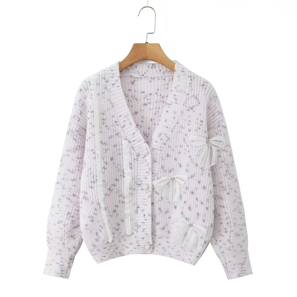 Damen Strickjacke mit dekorativen Schleifen und zartem Muster WW