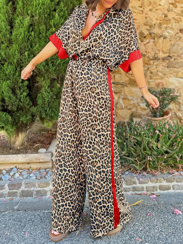 Damen elegante und bequeme Leinen-Jumpsuit mit Leopardenmuster und Kontraststreifen W&W Mode