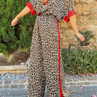 Damen elegante und bequeme Leinen-Jumpsuit mit Leopardenmuster und Kontraststreifen WW