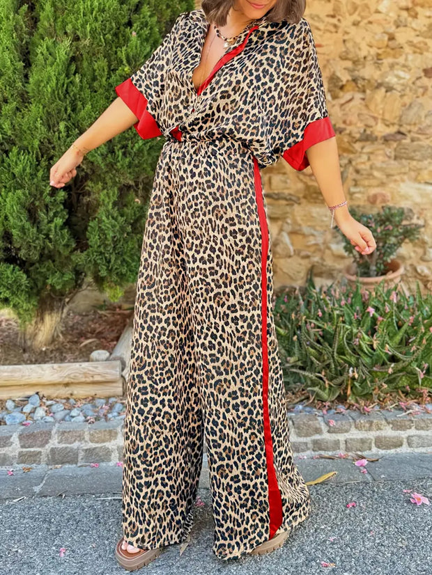 Damen elegante und bequeme Leinen-Jumpsuit mit Leopardenmuster und Kontraststreifen WW