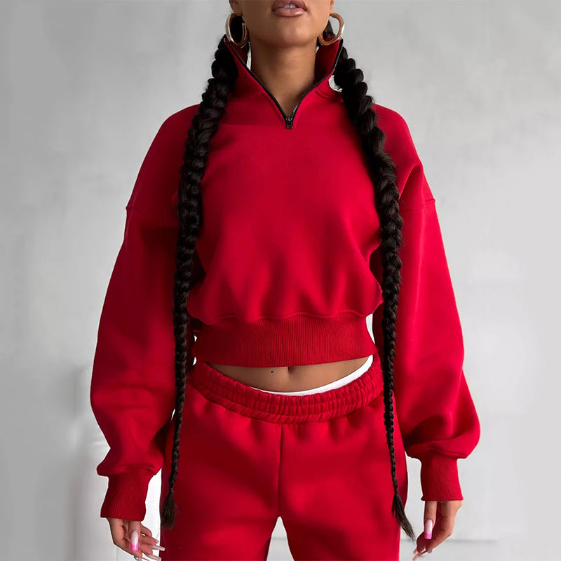 Damen sportliches Crop-Pullover-Set mit hohem Kragen und elastischem Bund WW
