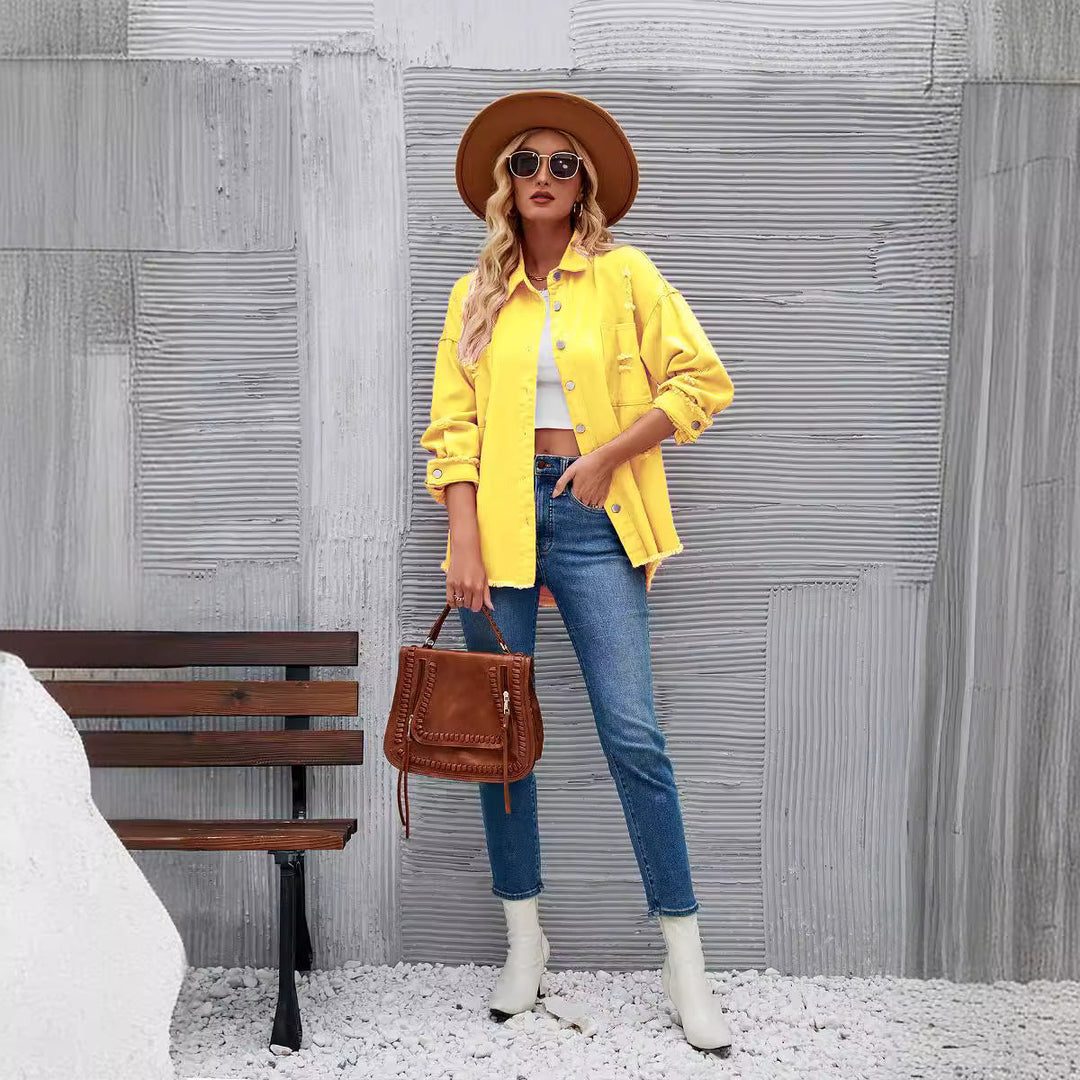 Damen Denim-Hemdjacke im lässigen Oversized-Schnitt mit fransigen Details W&W Mode