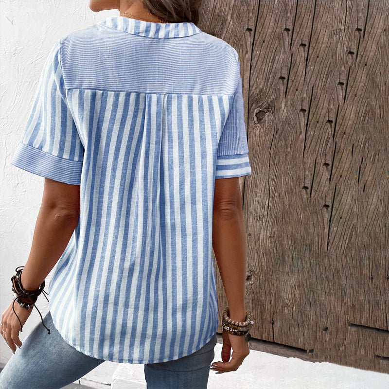 WW V-Ausschnitt Asymmetrisches Streifen-Patchwork-Top