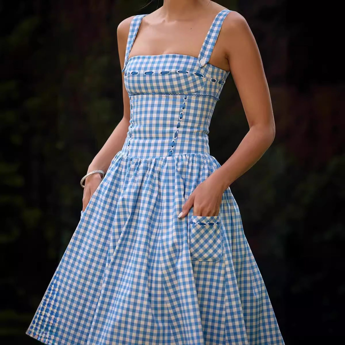 Damen Sommerliches Viskosekleid mit Gingham-Muster und praktischen Taschen WW