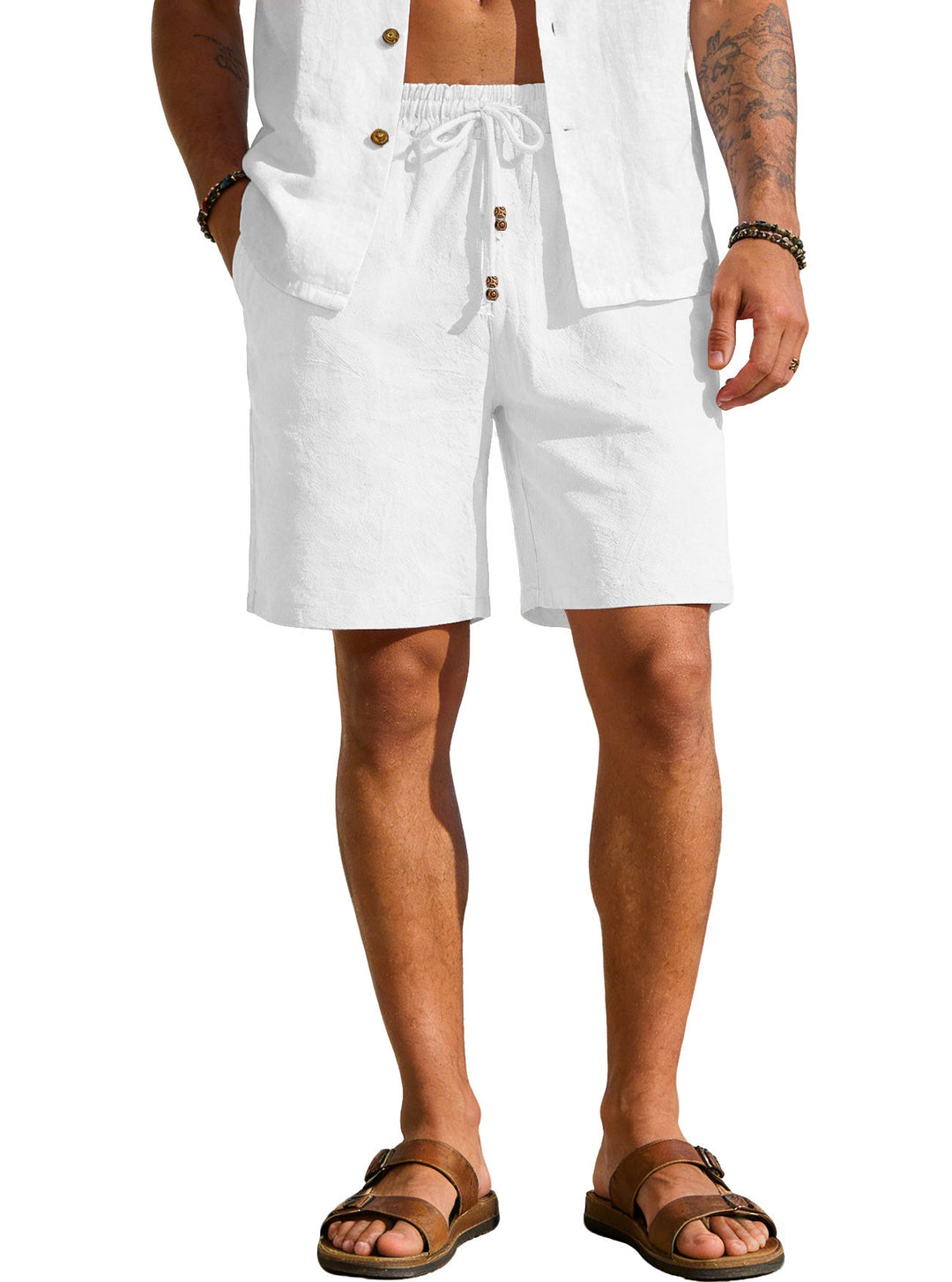 Herren nan leichte Strand-Bermuda aus Leinenmix mit Elastikbund Kordelzug und Zierknopfleiste W&W Mode