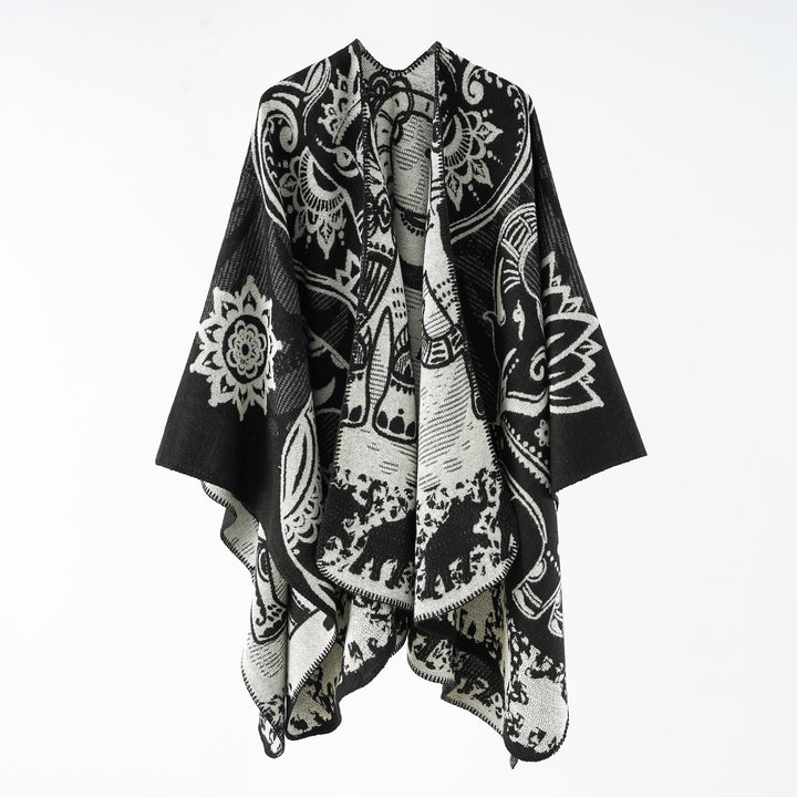 Damen eleganter Übergang-Poncho mit kunstvollem floralen Muster und fransigen Abschlüssen W&W Mode