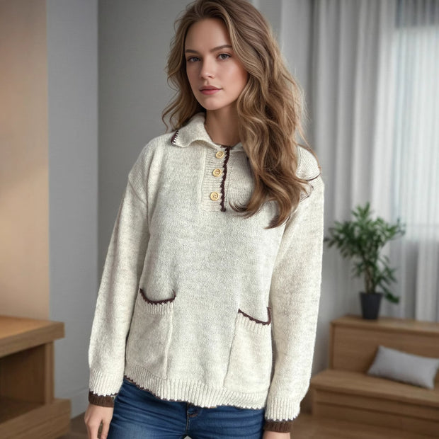 Damen Pullover mit kontrastierendem Kragen und dekorativen Knöpfen WW