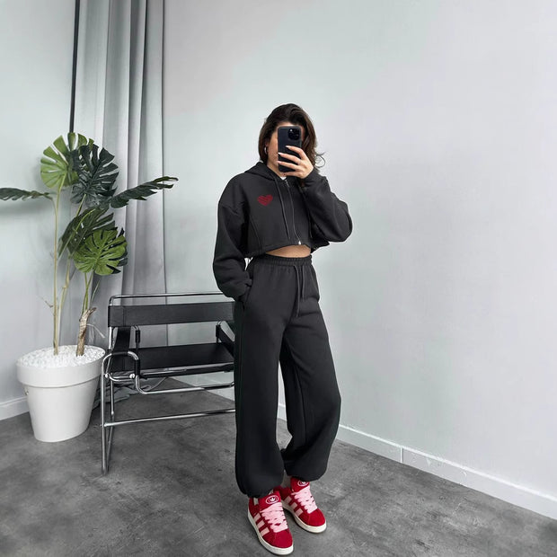 Damen Sportliches Crop-Set mit Kapuze und elastischer Taille WW