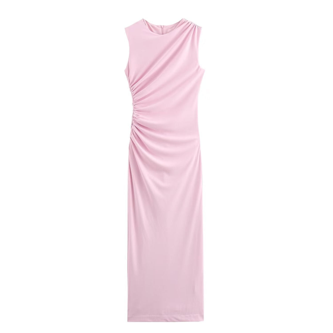 W&W Mode | Einfarbiges Rundhalsausschnitt Ärmelloses Faltendes Slim Fit Kleid