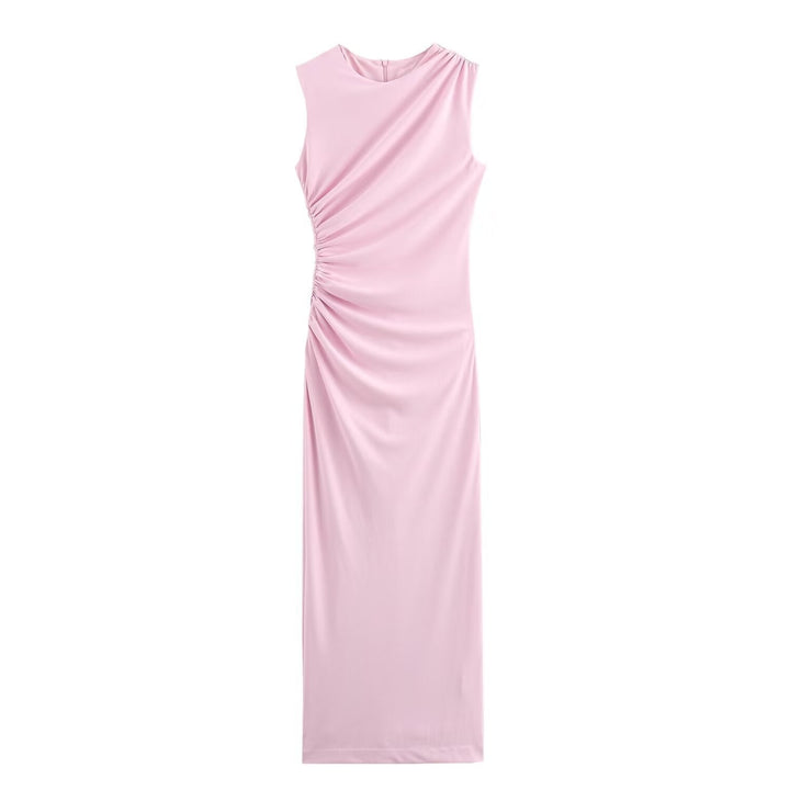 W&W Mode | Einfarbiges Rundhalsausschnitt Ärmelloses Faltendes Slim Fit Kleid