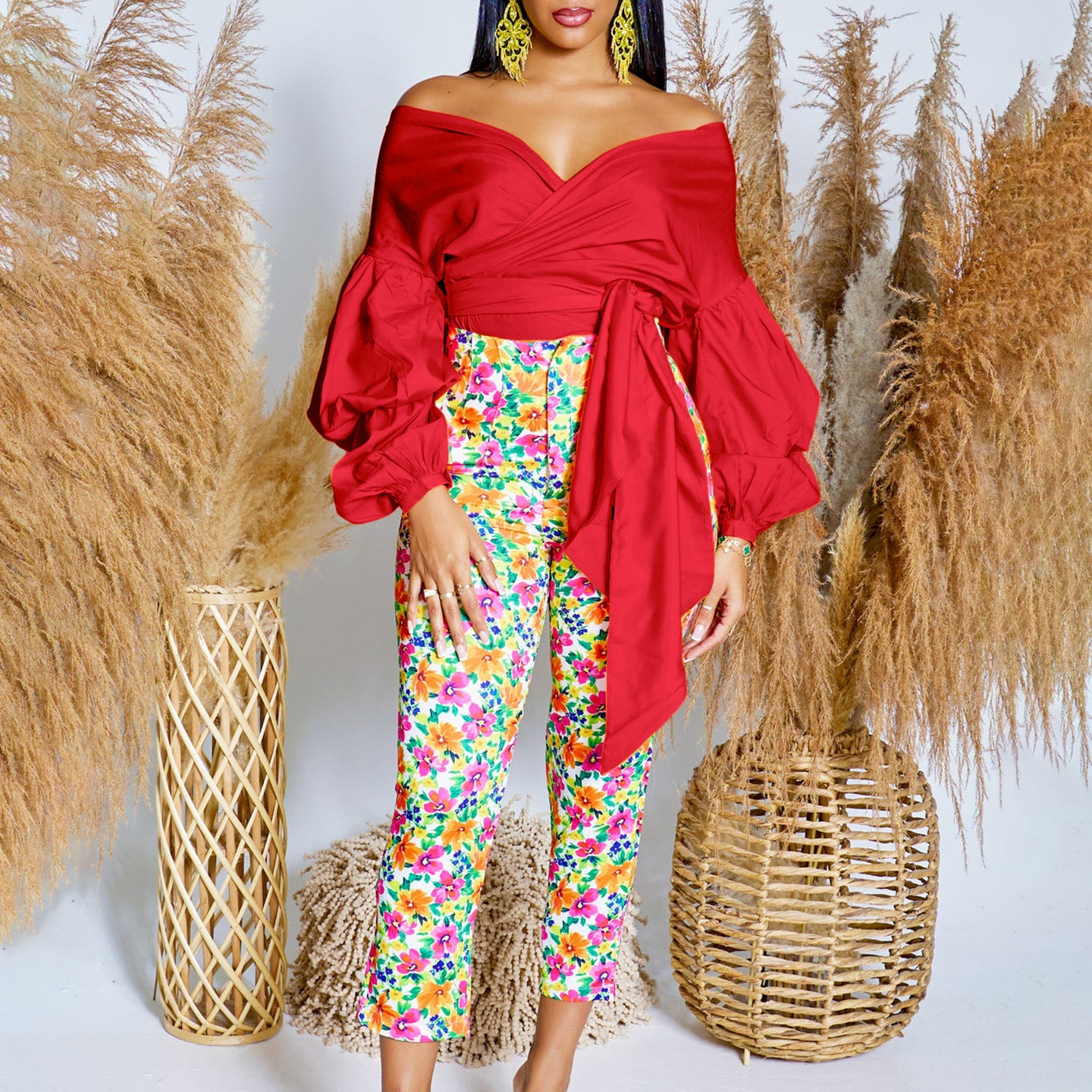 Damen Wickelbluse mit voluminösen Ärmeln und eleganter Schleifenbindung WW