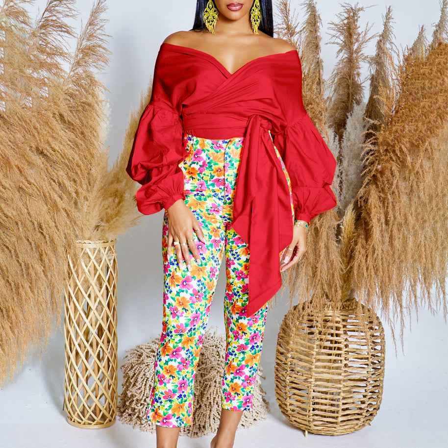 Damen Wickelbluse mit voluminösen Ärmeln und eleganter Schleifenbindung WW