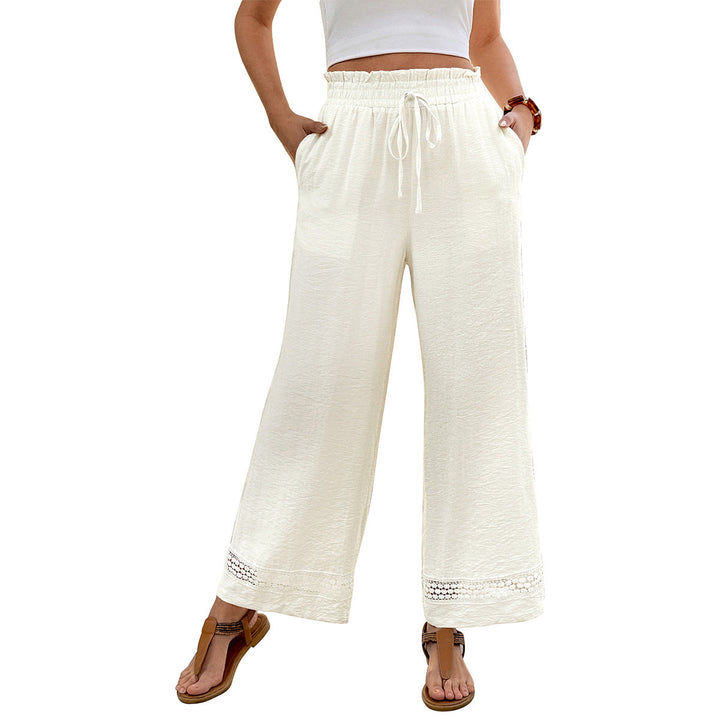 Damen weite Leinenhose mit elastischem Bund und hübscher Häkelbordüre W&W Mode