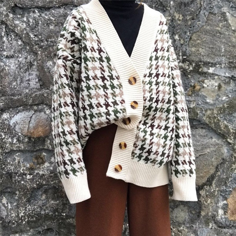 Damen Strickjacke im Hahnentritt-Design mit großen Holzknöpfen WW