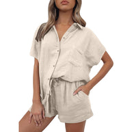 Damen lässiges Kurzarm-Hemd und Shorts Set aus strapazierfähigem Baumwollmaterial mit praktischen Taschen und elastischem Bund WW