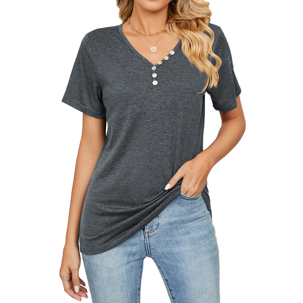 Damen V-Ausschnitt T-Shirt mit dekorativen Knopfdetails und lockerem Schnitt WW