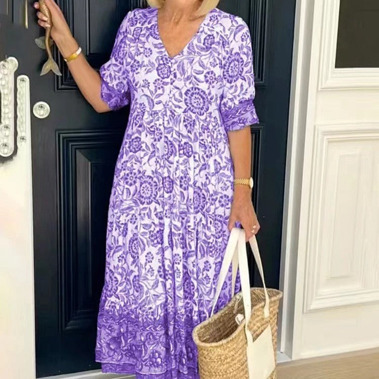 WW | Dreiviertelärmeliges langes floral gefärbtes Tie-Dye Druckkleid