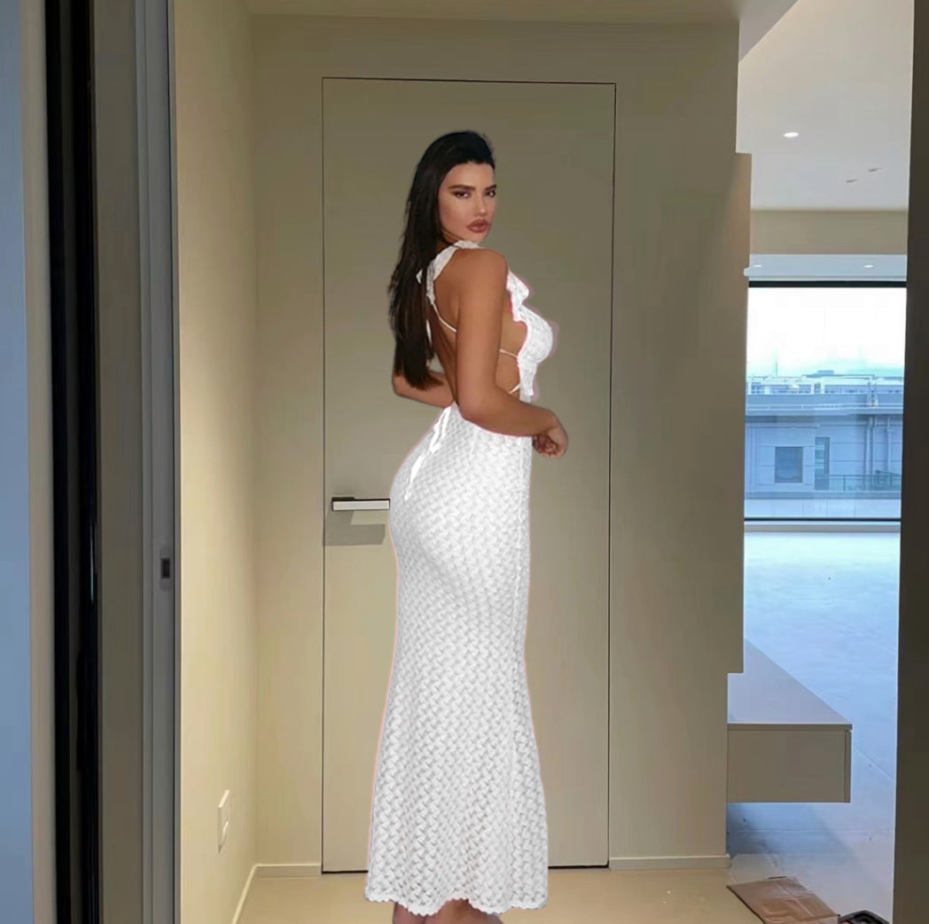 Damen Strick-Maxikleid mit tiefem V-Ausschnitt und Rüschendetails WW