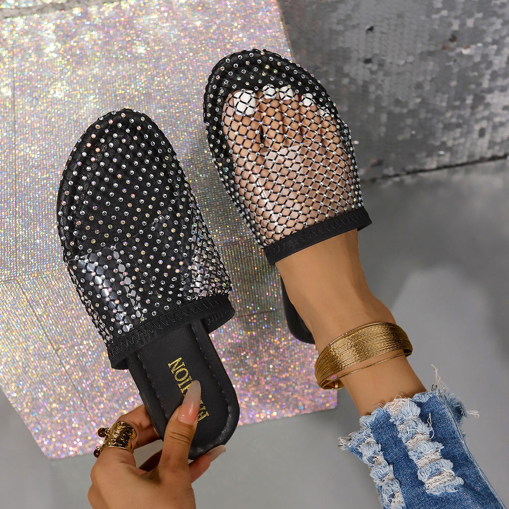 Damen Pantolette mit funkelnden Strassapplikationen und elegantem Netzdesign WW