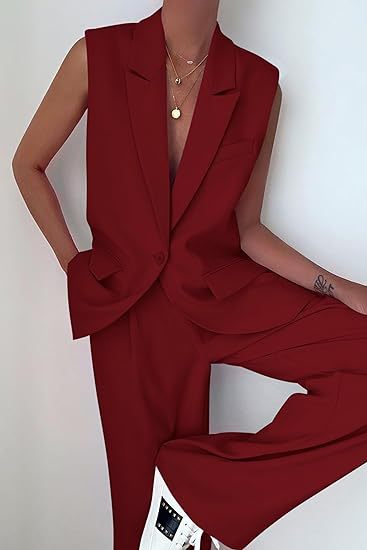 Damen ärmelloses Blazer-Set mit weit geschnittenen Hosen WW