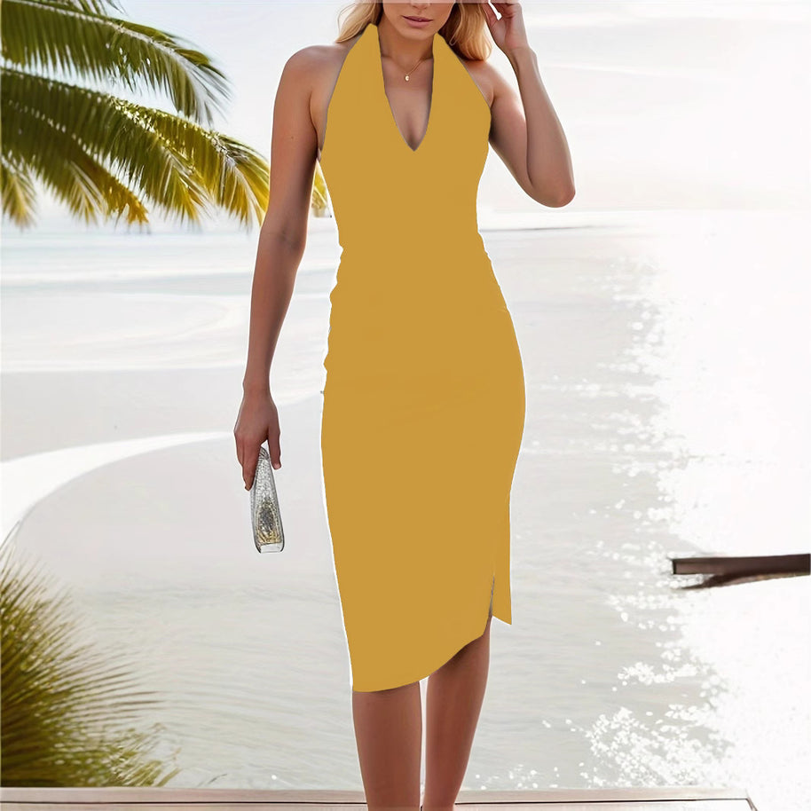 Damen elegantes Wickelkleid mit tiefem V-Ausschnitt und figurbetontem Schnitt WW