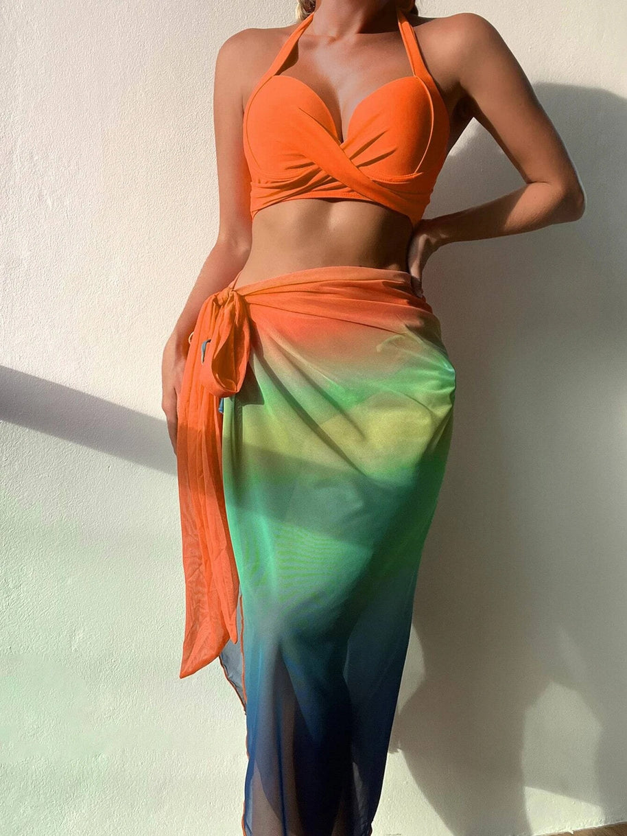 Damen Bikini-Oberteil mit Wickeldesign und transparentem Pareo WW