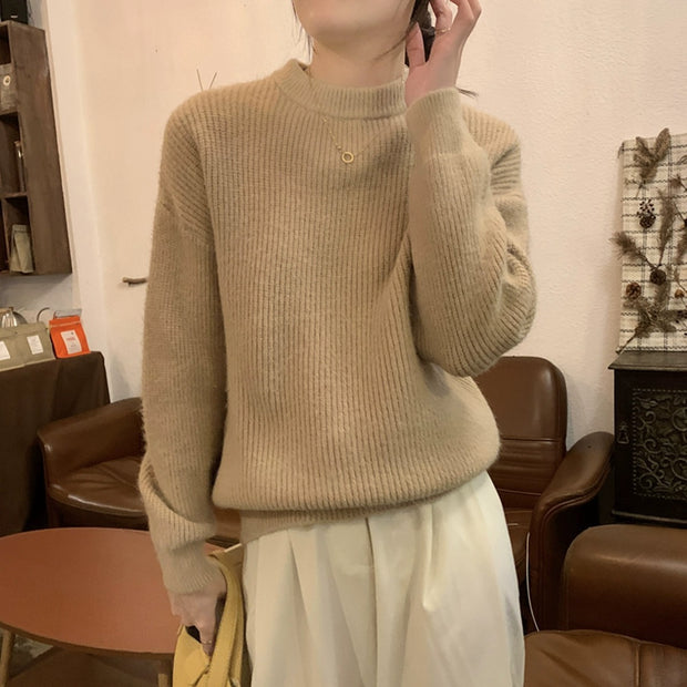 Damen bequemer Strickpullover mit feinem Rippenmuster und lässigem Schnitt WW