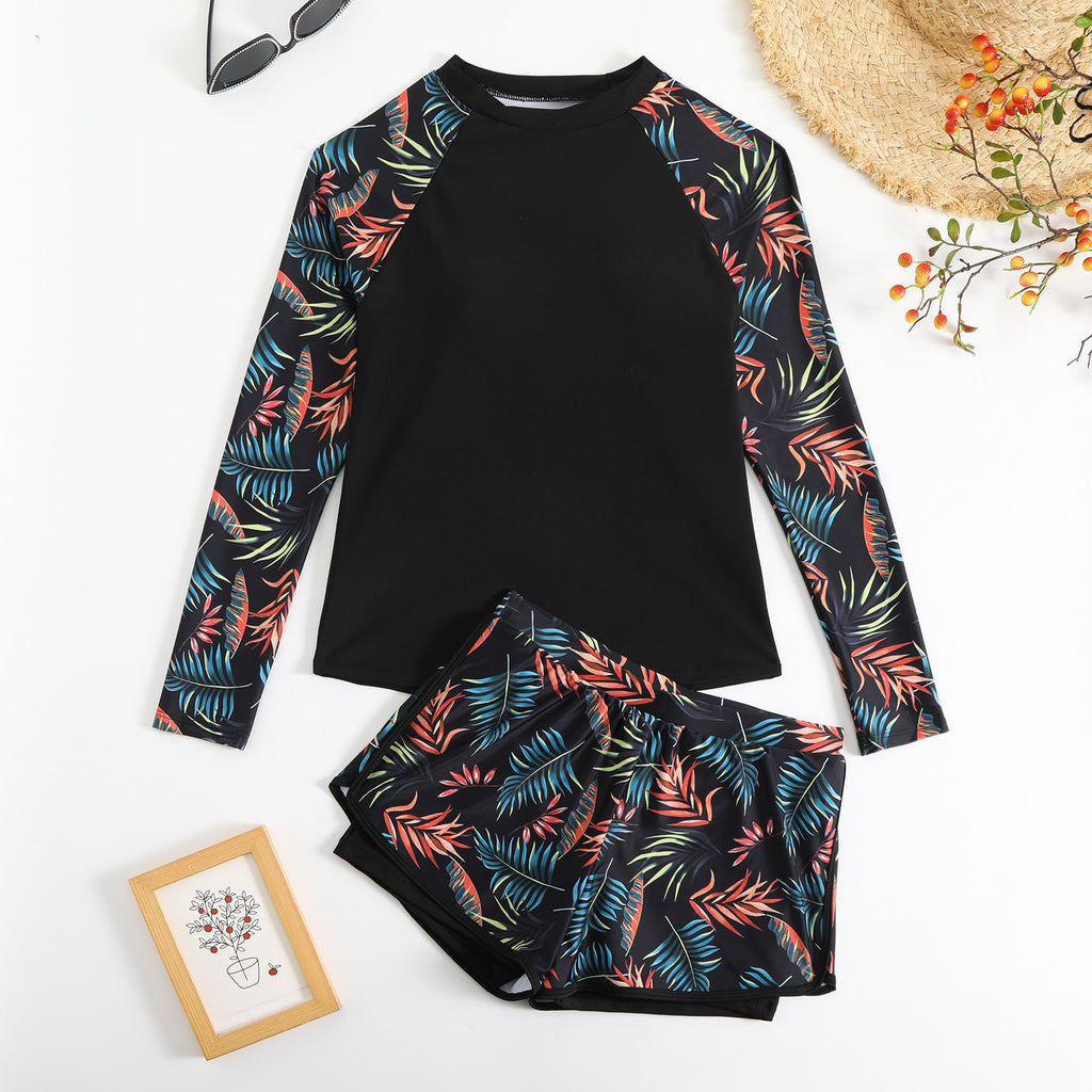 W&W | Langarm Print Spleißen Doppelhose Tankini Badeanzug