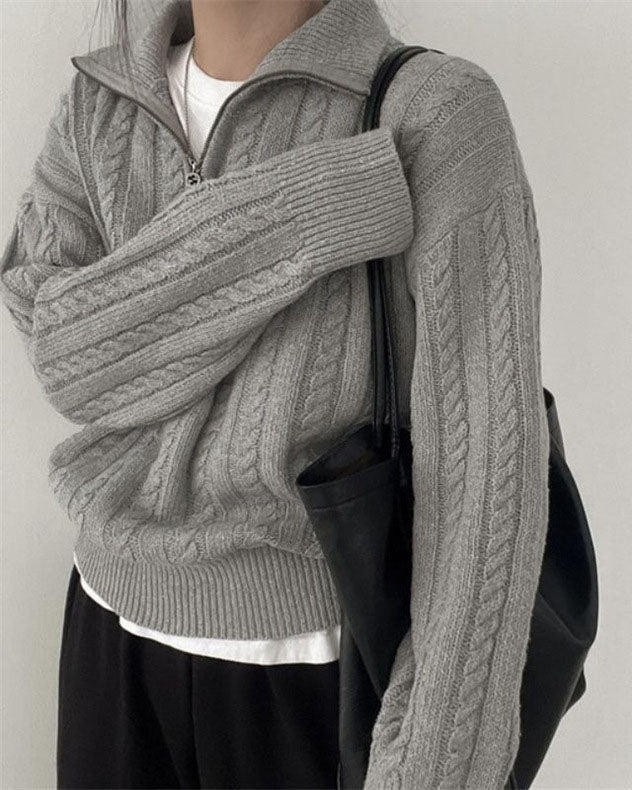 W&W Mode Vintage Rollkragen Reißverschluss Twist Strickpullover