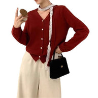 Damen Strickjacke mit dekorativen Spitzen-Details WW