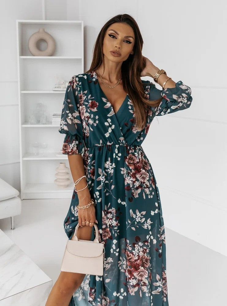 WW | Kurzarm Split Chiffon Bedrucktes Maxikleid