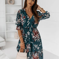 WW | Kurzarm Split Chiffon Bedrucktes Maxikleid