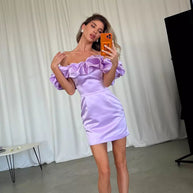 Damen Off-Shoulder Minikleid mit voluminösen Rüschen WW