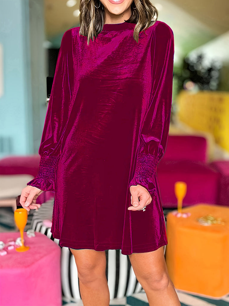 Damen modernes Samt-Kleid mit voluminösen Ärmeln und Stehkragen WW