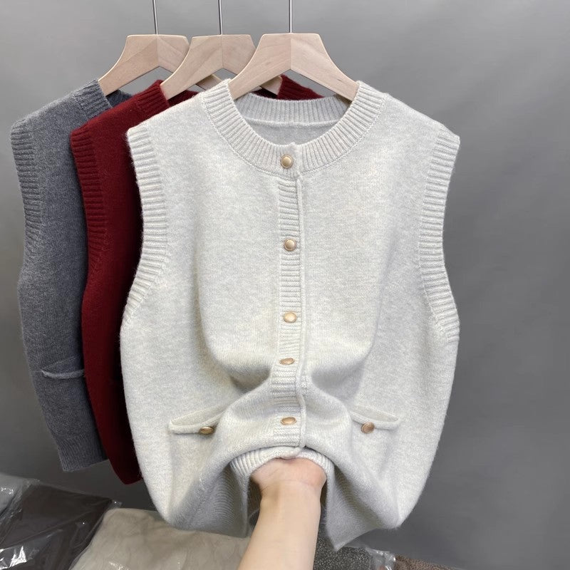 Damen Strickweste mit Knopfdetails und seitlichen Taschen WW