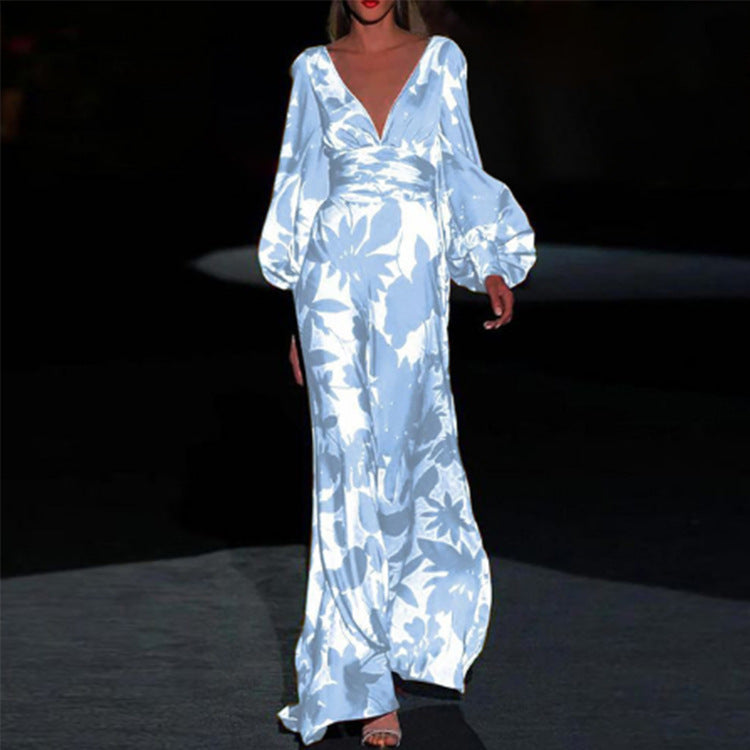Damen Elegantes Maxi-Jumpsuit mit floralen Mustern und tiefem V-Ausschnitt WW