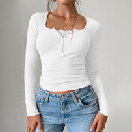 Damen Langarmshirt mit Knopfleiste und Rippstruktur WW