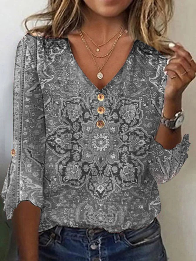 Damen Bohemian bedruckte V-Ausschnitt Bluse mit Knopfdetails WW